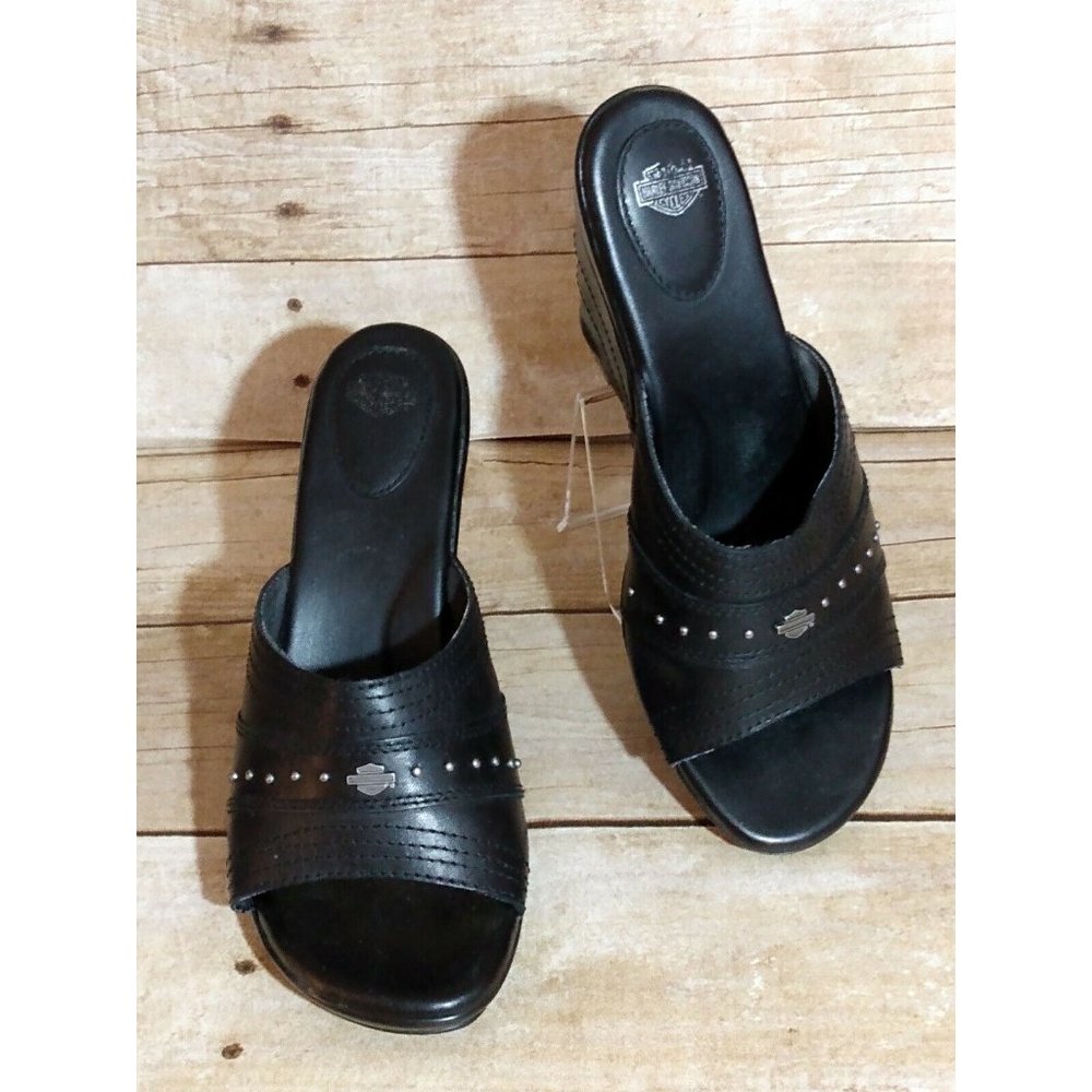 Harley Davidson Wmns Black Leather Pltfm Wedge 7.5